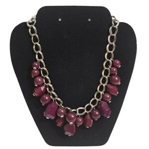 Women's Choker Necklace Acrylic Burgundy Stones Silver Tone Chain 9 + 2.5 Inches